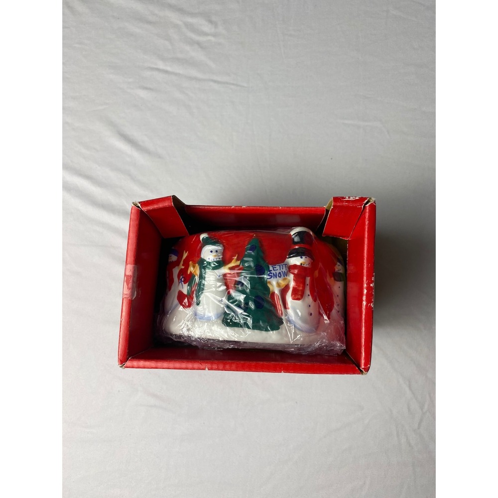 Snowman Dipping Bowl and Spreader Set Holiday Christmas Serveware Red Ceramic